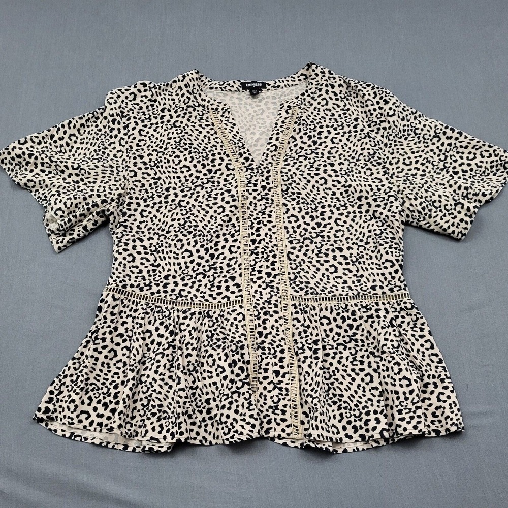 Express Leopard Print Peplum Top Tan Black V-Neck Crochet Trim Short Sleeve S